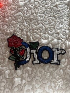 Dior Sequin Logo iron on Patch with Red Rose and Green Butterfly